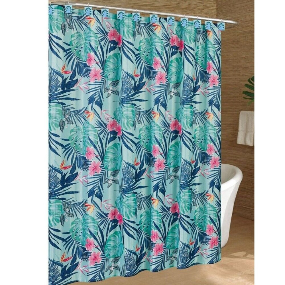 Tropical Fabric Shower Curtain & Rings 70 x 72" NWT Palm Floral Print